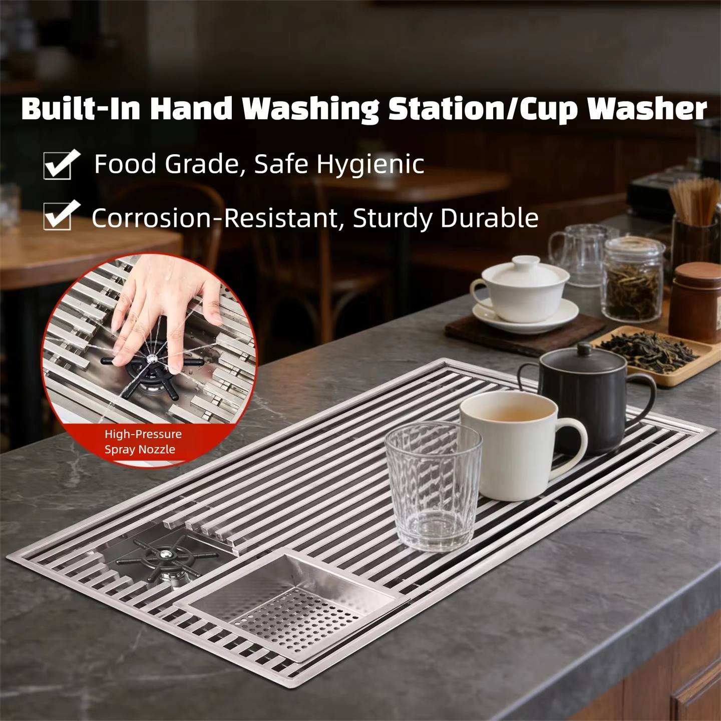 Coffee Tea Station - Modern Gömme Çay Tepsisi, Drenajlı Fırçalanmış