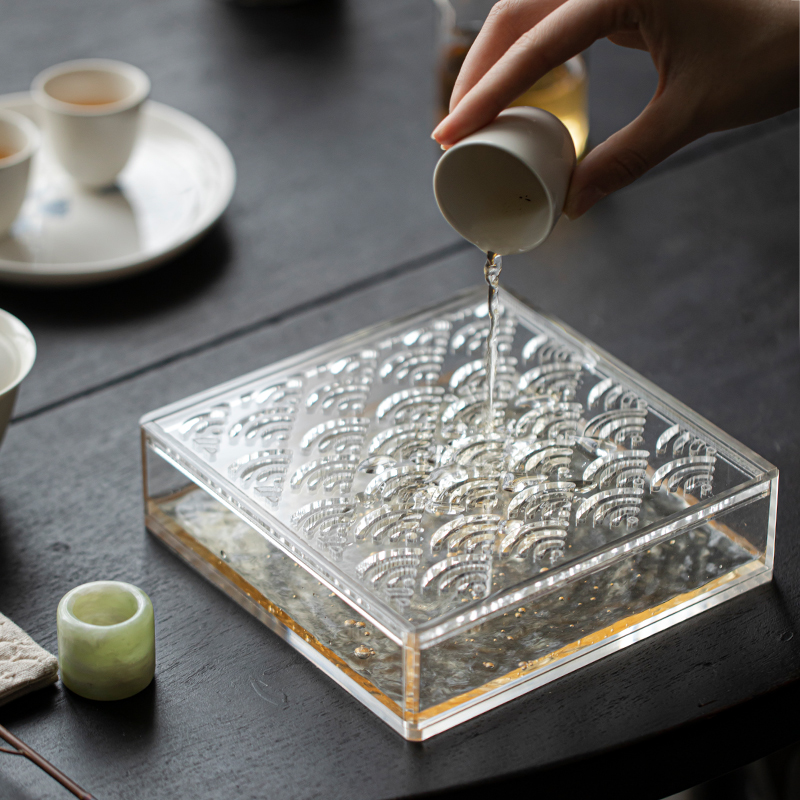 Bamboo Tea Tray - Akrilik Şeffaf Çay Tepsisi Su Depolama